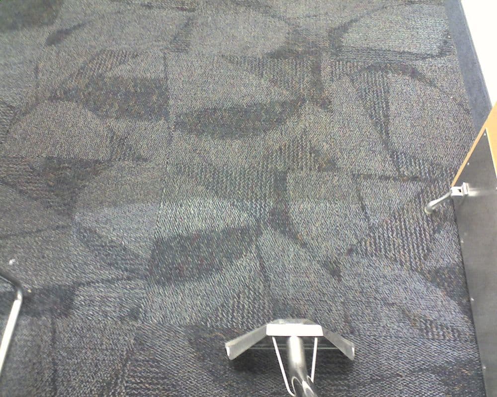 Patterned carpet texture in indoor setting with cleaning equipment visible.