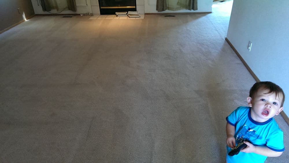 Toddler playing in a spacious, carpeted living room with a fireplace.